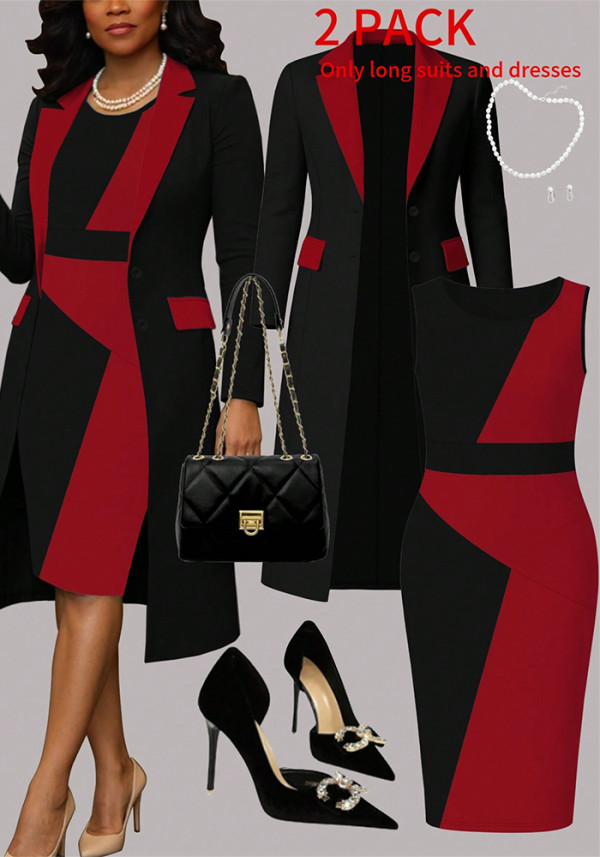 Women’s Spring Fall Color Block Blazer and Dress Casual Two-Piece Set