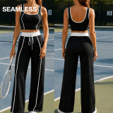 Women’s Color Block High Waist Yoga Sports Tank Pants Fitness Two-Piece Set
