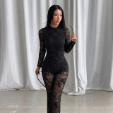 Women’s Floral Flocked Mesh Mock Neck Long Sleeve See-Through Flare Leg Jumpsuit