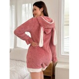Women’s Fall Winter Rabbit Ear Hooded Coral Fleece Jumpsuit Plush Comfortable Loungewear