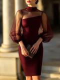 Women’s Mock Neck See-Through Mesh Sleeve Slim Fit Bodycon Formal Party Midi Dress