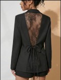 Women’s Fashion Solid Color Back Patchwork Lace Slim Waist Lace-Up Blazer