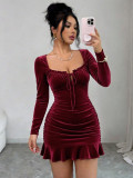 Women’s Fall Winter Chic Velvet Square Neck Long Sleeve Slim Waist Slim Fit Ruffle Bodycon Mini Dress