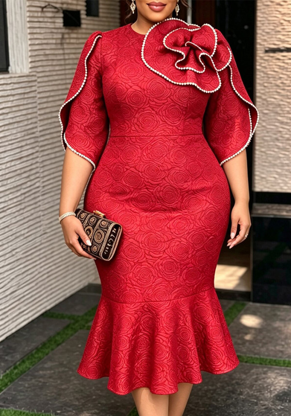 Plus Size Women Round Neck Half-Sleeve Mermaid Formal Party Dress