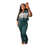 Women Color Block Polo Turndown Collar Short Sleeve Top and Bell Bottom Pant Two Piece Set