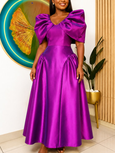 Sexy V-Neck Puff-Sleeve Evening Dress Chic Elegant A-Line Formal Gown