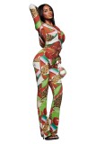 Women Printed Hooded Long-Sleeve Thumb Button Top and Pant Two-Piece Set