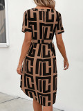 Women Summer Short Sleeve Plaid Belted V-Neck Dress