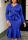 Plus Size Women Blue Beaded V-Neck Long Sleeve Bowknot Mermaid Maxi Dress