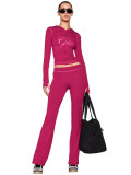 Women Printed Hooded Long-Sleeve Thumb Button Top and Pant Two-Piece Set
