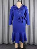 Plus Size Women Blue Beaded V-Neck Long Sleeve Bowknot Mermaid Maxi Dress