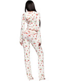 Women Printed Hooded Long-Sleeve Thumb Button Top and Pant Two-Piece Set
