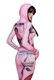 Women Printed Hooded Long-Sleeve Thumb Button Top and Pant Two-Piece Set