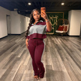 Women Color Block Polo Turndown Collar Short Sleeve Top and Bell Bottom Pant Two Piece Set