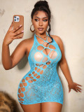 Plus Size Women Leopard Print Hollow Out Beaded Mesh Rhinestone Stretch Sexy Lace Bodycon Dress