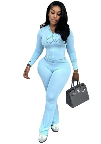 Women Printed Hooded Long-Sleeve Thumb Button Top and Pant Two-Piece Set