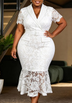 Plus Size Women Lace Turndown Collar Short Sleeve Belted Lace Mermaid Dress