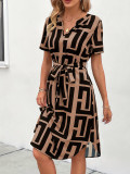 Women Summer Short Sleeve Plaid Belted V-Neck Dress