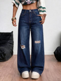 Women Ripped Washed Wide Leg Denim Long Pant