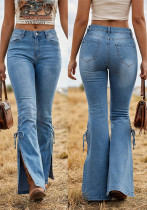 Women American Style Lace-Up Slit Bell Bottom Denim Pant Women American Style Lace-Up Slit Bell Bottom Denim Pant
