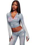Women Printed Hooded Long-Sleeve Thumb Button Top and Pant Two-Piece Set