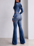 Women Fall Hooded Crop Top And Bell Bottom Long Pant Two Piece Set