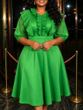 Plus Size Women Solid Dress Pleated Ruffle Edge 3/4 Sleeve Formal Party Dress