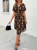 Women Summer Short Sleeve Plaid Belted V-Neck Dress