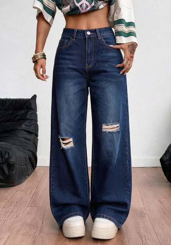 Women Ripped Washed Wide Leg Denim Long Pant
