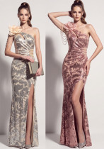 Women One Shoulder Beaded Floral Hollow Out Slit Formal Party Evening Dress Women One Shoulder Beaded Floral Hollow Out Slit Formal Party Evening Dress