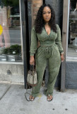 Women Casual Washed Zip Top and Pant Two Piece Set