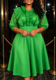 Plus Size Women Solid Dress Pleated Ruffle Edge 3/4 Sleeve Formal Party Dress