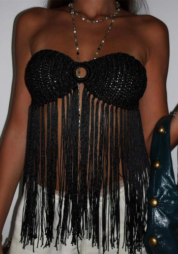 Women Sexy Summer Backless Halter Neck Strapless Tassel Top