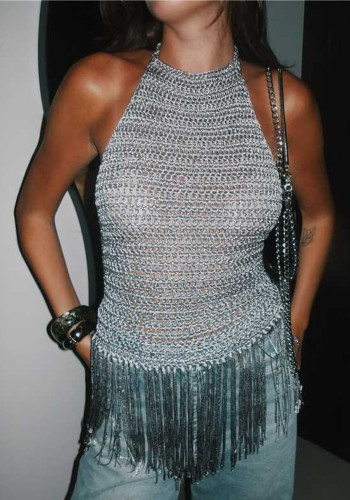 Women Summer Sexy Tassel Backless Tie Halter Neck Top