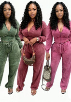 Women Casual Washed Zip Top and Pant Two Piece Set Women Casual Washed Zip Top and Pant Two Piece Set