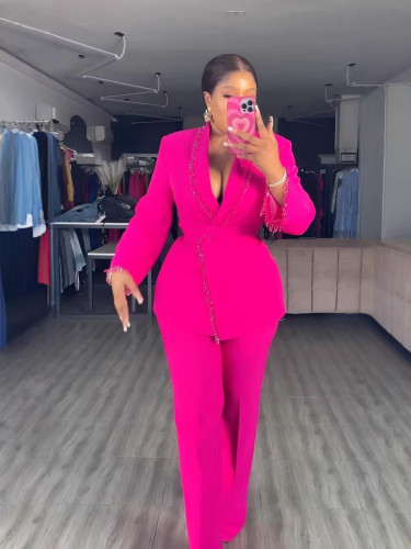 V-Neck Beaded Slim Waist Long Sleeve Blazer & High-Waist Straight Pants Two-Piece Set