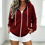 Women Zip Knit Hooded Long Sleeve Top Jacket