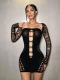 Women Long Sleeve Fishnet Hollow Out Sexy Knitting Bodycon Dress