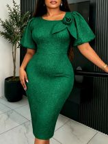 Plus Size Asymmetrical Puff Sleeve High Waist Jacquard Formal Dress