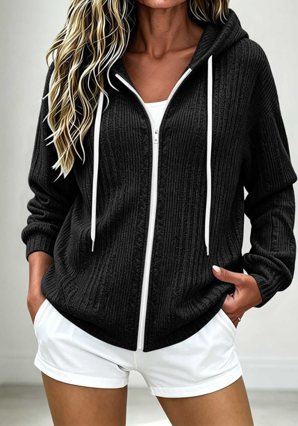 Women Zip Knit Hooded Long Sleeve Top Jacket