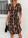 Women Summer Short Sleeve Plaid Belted V-Neck Dress