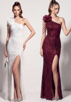 Women Slash Shoulder Beaded Floral Tassel Beading Slit Formal Party Evening Dress Women Slash Shoulder Beaded Floral Tassel Beading Slit Formal Party Evening Dress