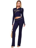 Women Printed Hooded Long-Sleeve Thumb Button Top and Pant Two-Piece Set