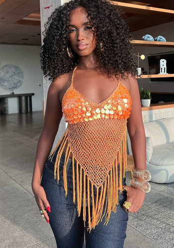 Women Tassel Skirt Beach Holidays Sequin Tassel Cami Top