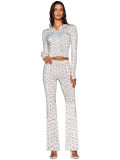 Women Printed Hooded Long-Sleeve Thumb Button Top and Pant Two-Piece Set