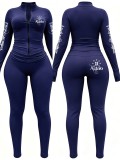 Women Printed Long Sleeve Zip Top and Pant Two Piece Set