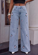 Women Spring Floral Embroidery Casual Wide Leg Denim Pant Women Spring Floral Embroidery Casual Wide Leg Denim Pant