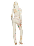 Women Printed Hooded Long-Sleeve Thumb Button Top and Pant Two-Piece Set