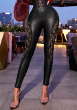 Women Spring Fall Lace Sexy Stretchy Pu-Leather Long Pant