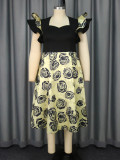 Women square neck Ruffle Sleeve rose jacquard Formal Party Dress